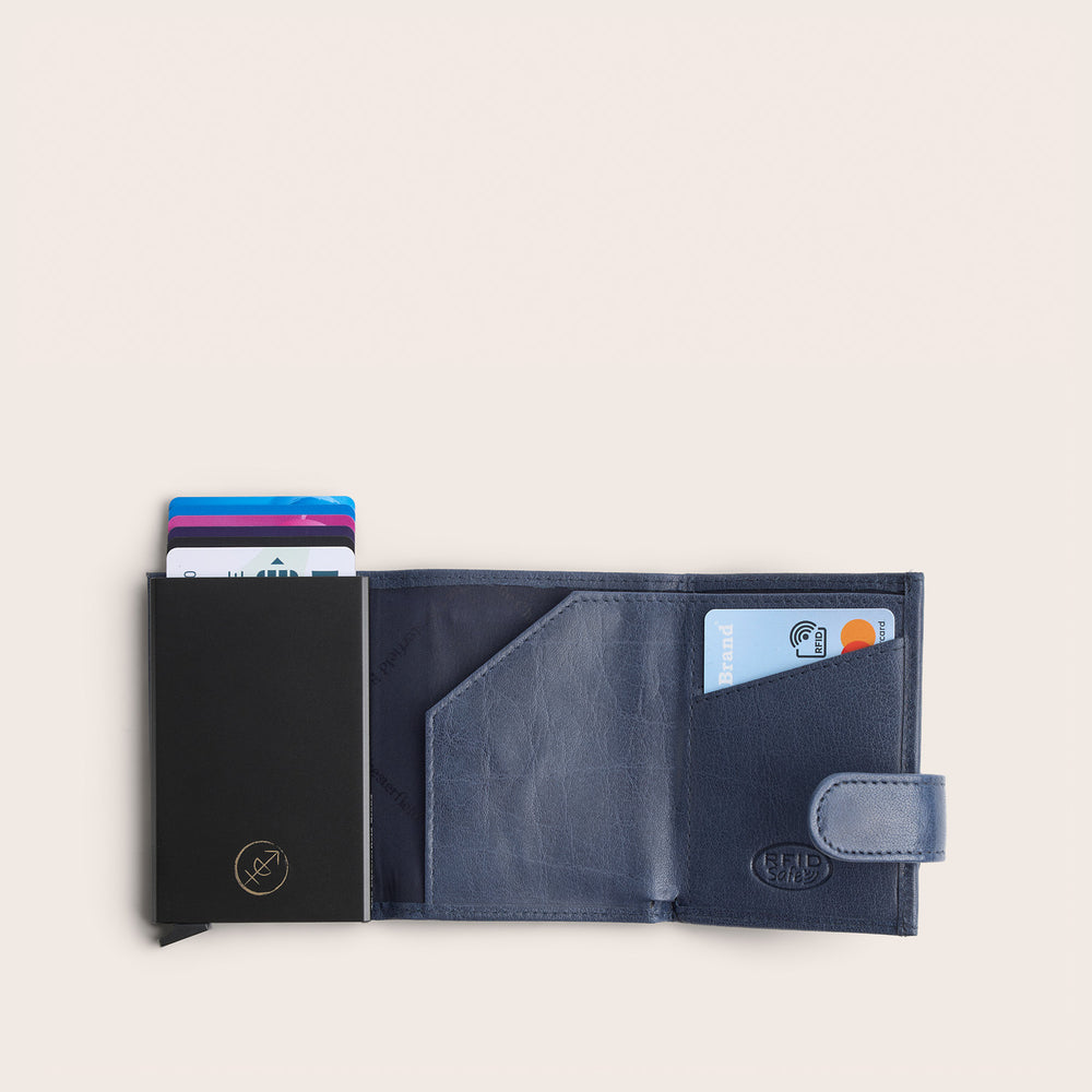Leather Card Holder Navy Mannheim, inside view, opened, with card case and cards