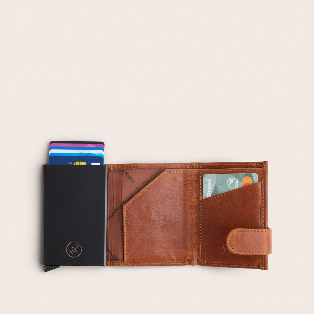 Leather Card Holder Cognac Mannheim, inside view, opened, with card case and cards