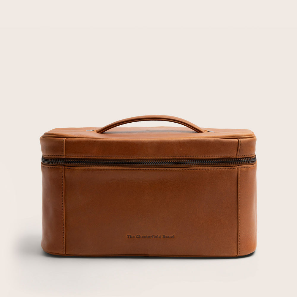 Trousse de Toilette en Cuir Cognac Limone, vue de face, fermée