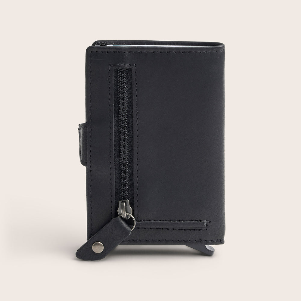 Leather Card Holder Black Lagos, back view with zip pocket