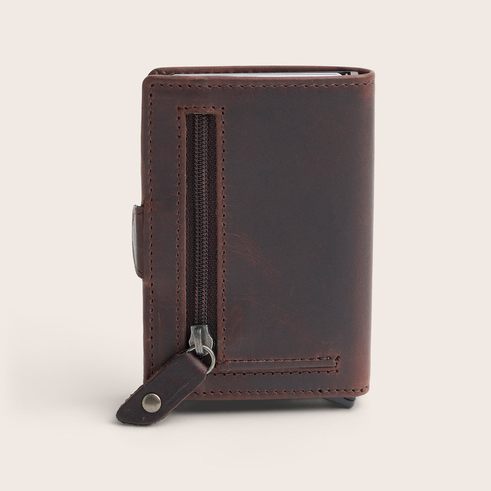 Leather Card Holder Brown Lagos, back view with zip pocket