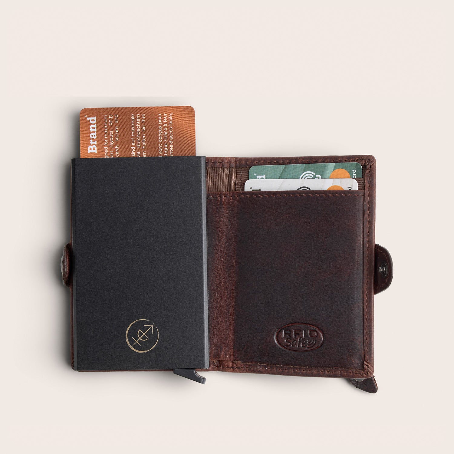Leather Card Holder Brown Lagos, top view, opened, with cards and embossed 'RFID Safe'