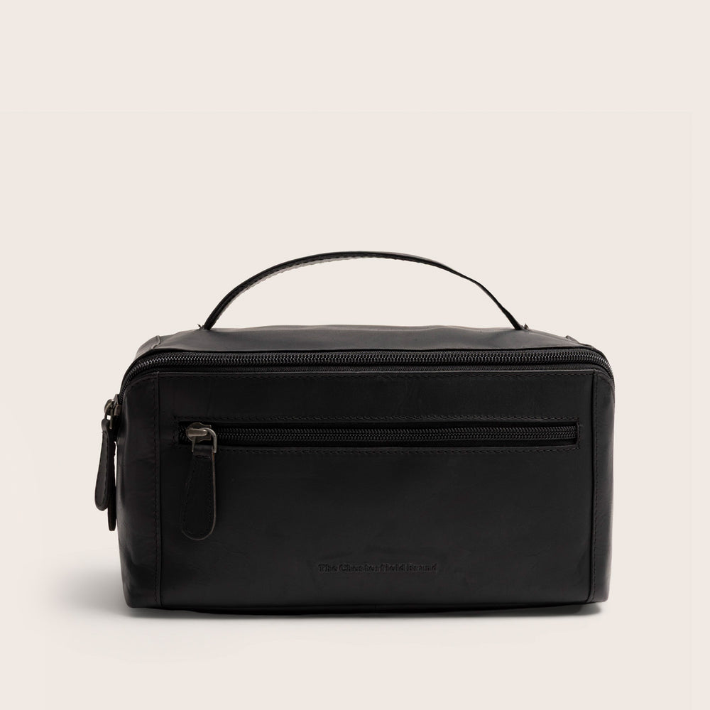 Trousse de Toilette en Cuir Noir Elmia, vue de face, fermée