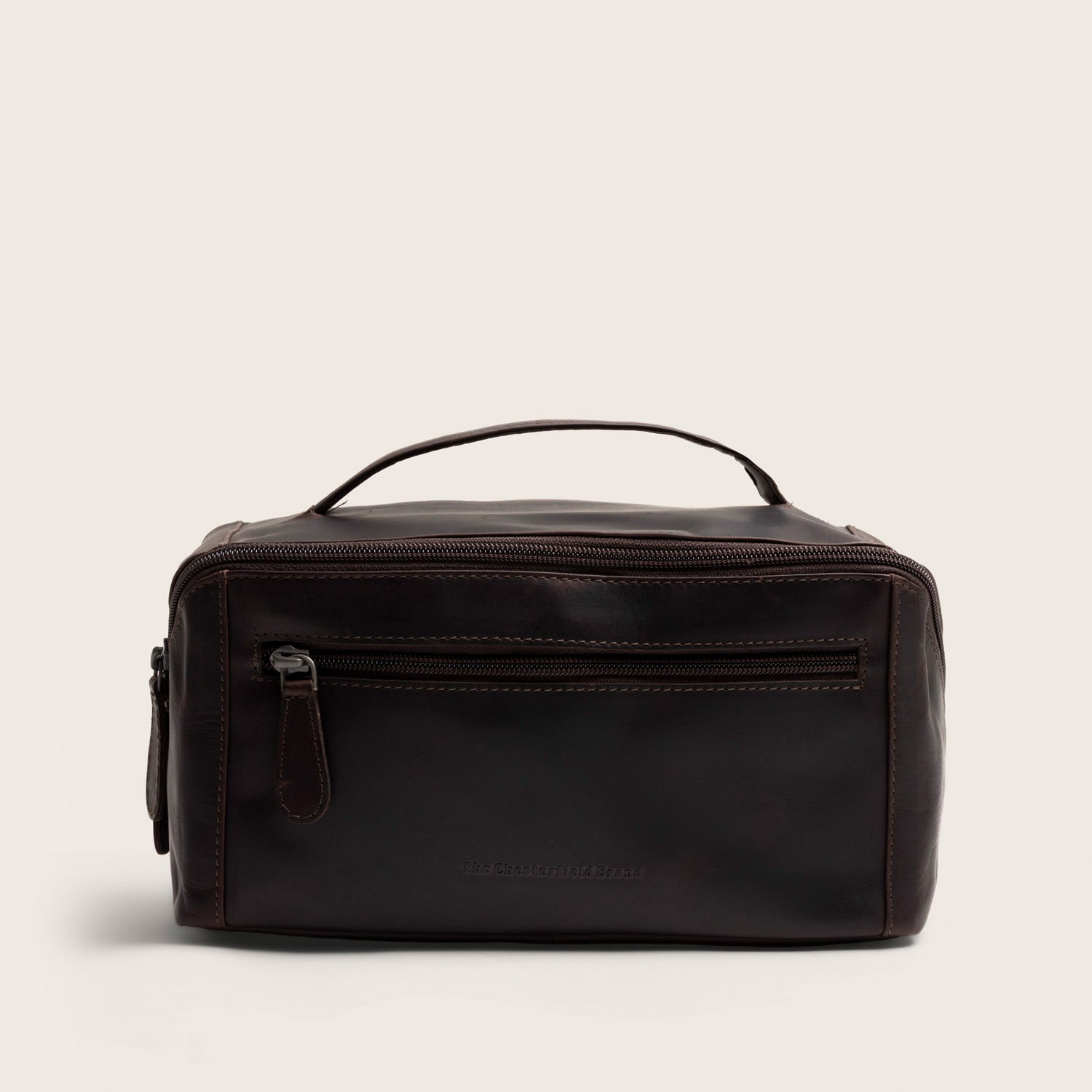 Leather Toiletry Bag Brown Elmia, front view, closed