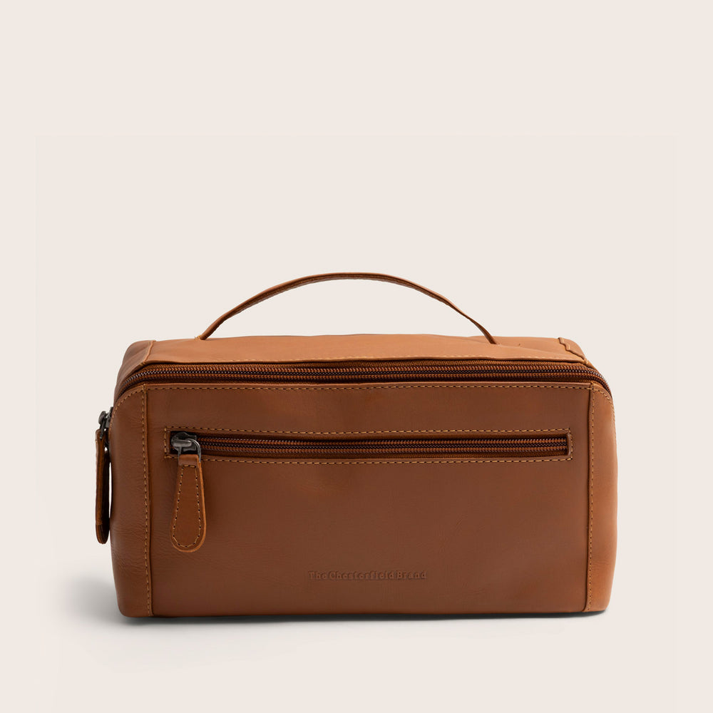 Trousse de Toilette en Cuir Cognac Elmia, vue de face, fermée