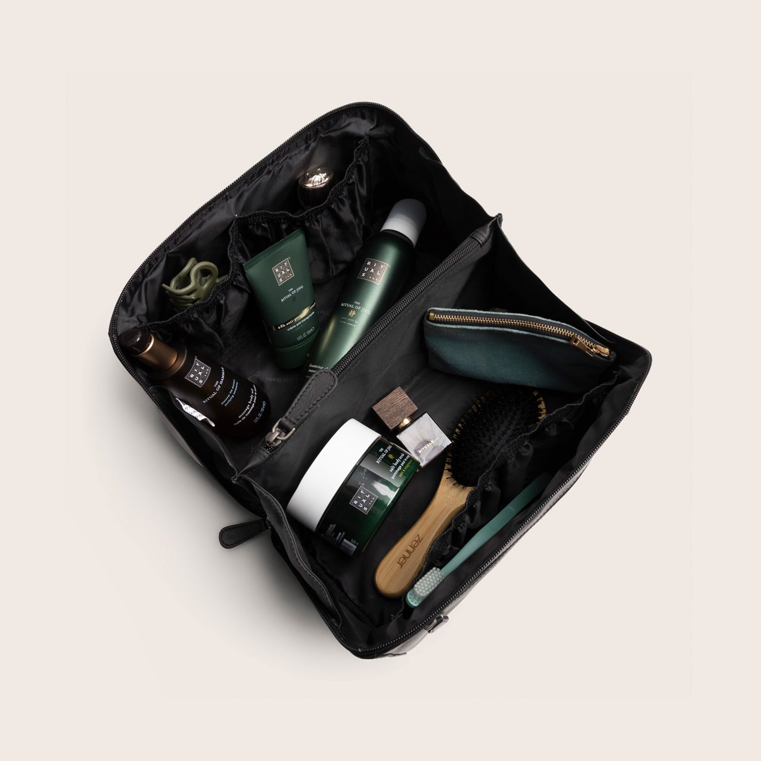Leather Toiletry Bag Black Trevia, inside view, opened