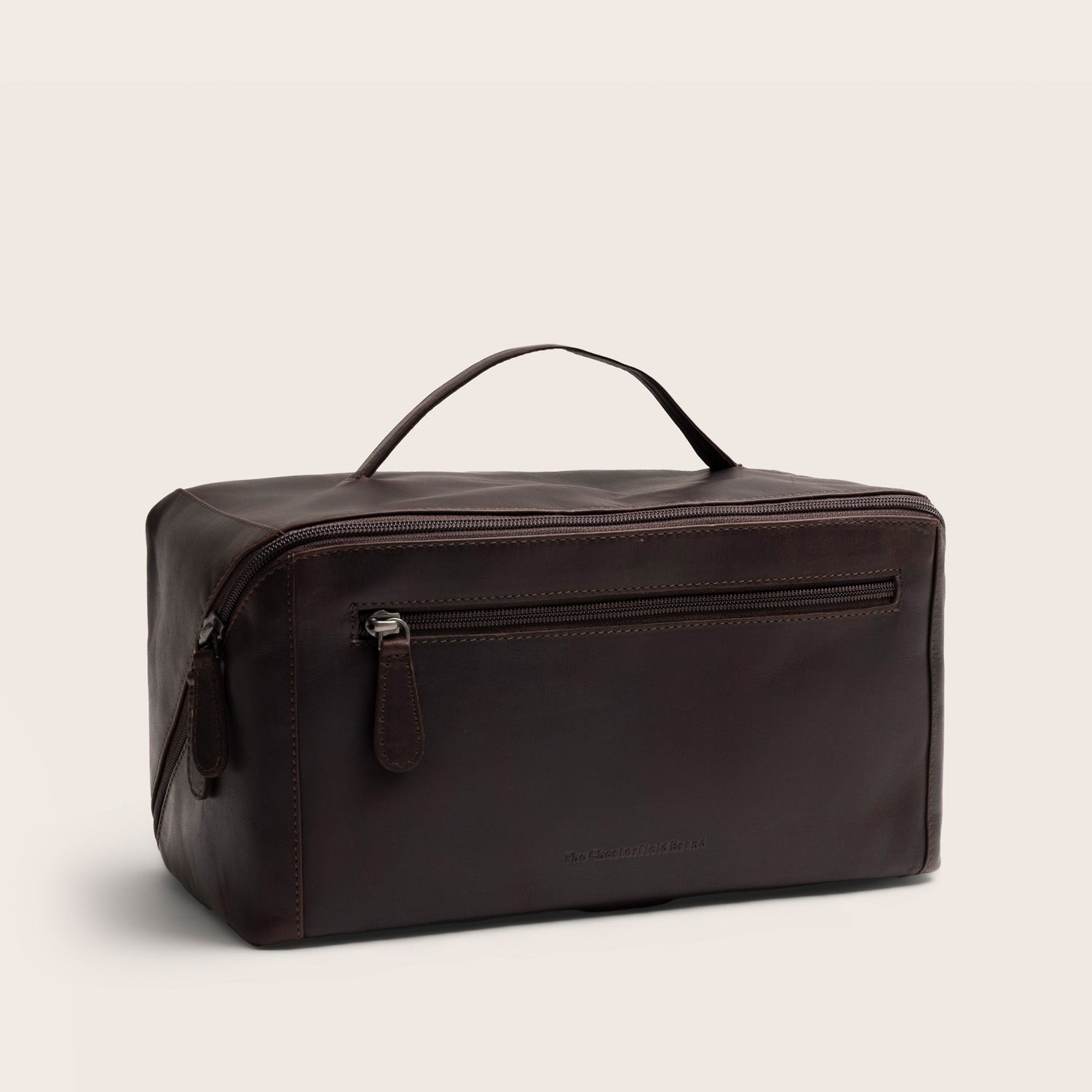 The Chesterfield Brand Leather Toiletry Bag Brown Trevia, front view at an angle
