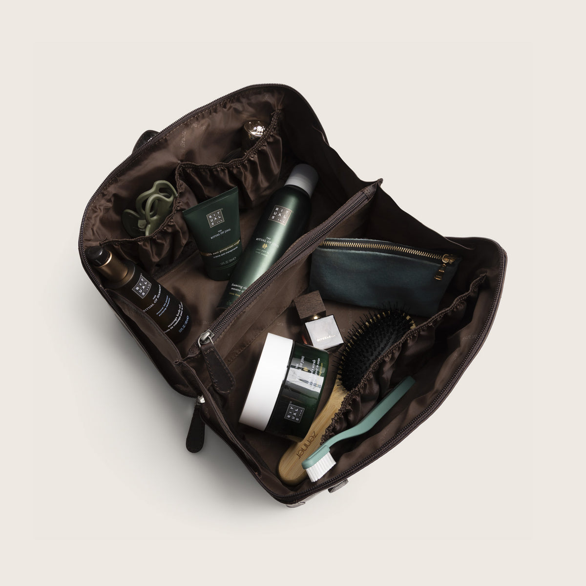 Leather Toiletry Bag Brown Trevia, inside view, opened