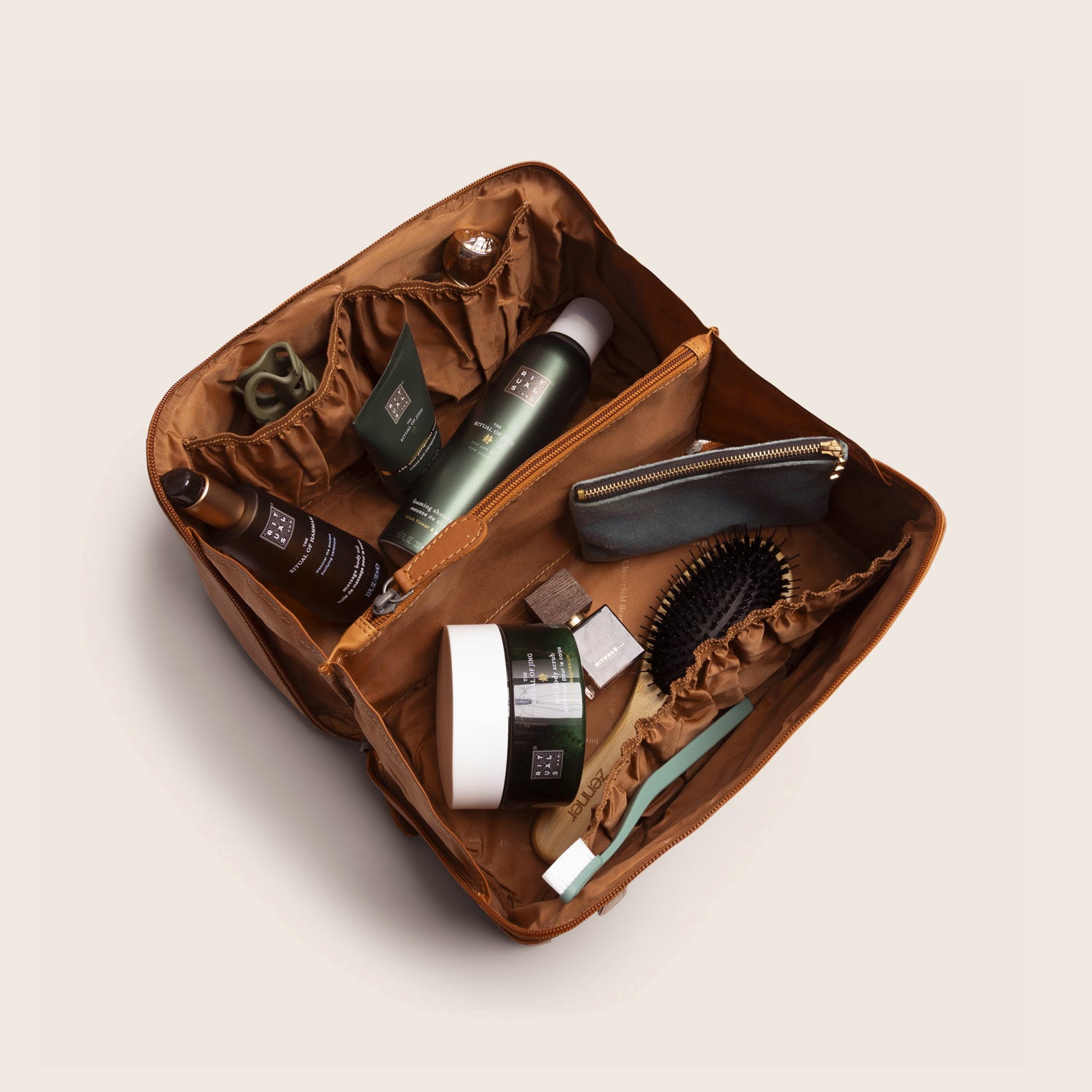 Trousse de Toilette en Cuir Cognac Trevia, vue intérieure, ouverte