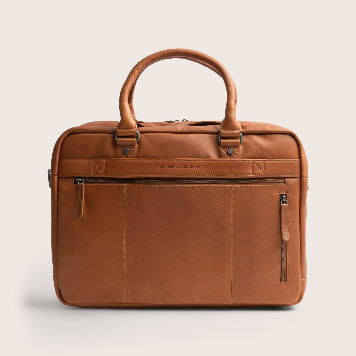 Sacoche Ordinateur en Cuir Cognac Boston, vue de dos avec poches zippées et sangle trolley
