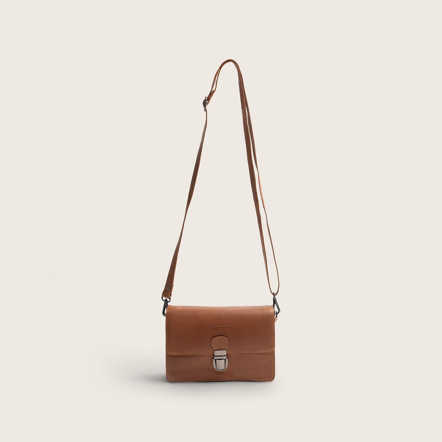 Leather Crossbody Bag Cognac Lucca, front view with shoulder strap