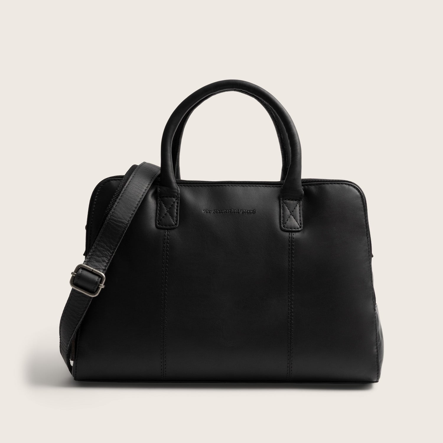 Leather Handbag Black Layton, front view with the shoulder strap