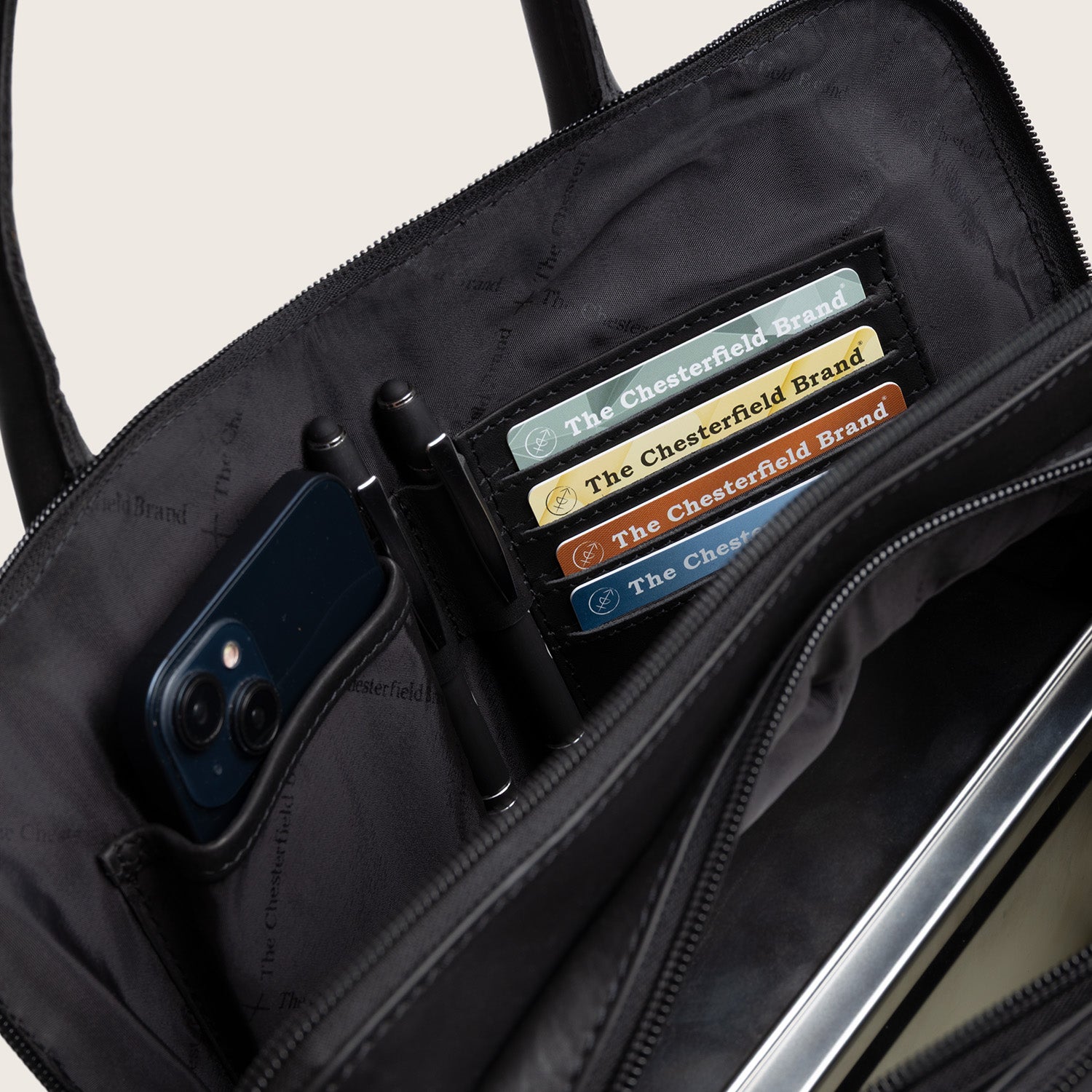 Leather Handbag Black Layton, inside view with card slots, phone pocket and pen holders