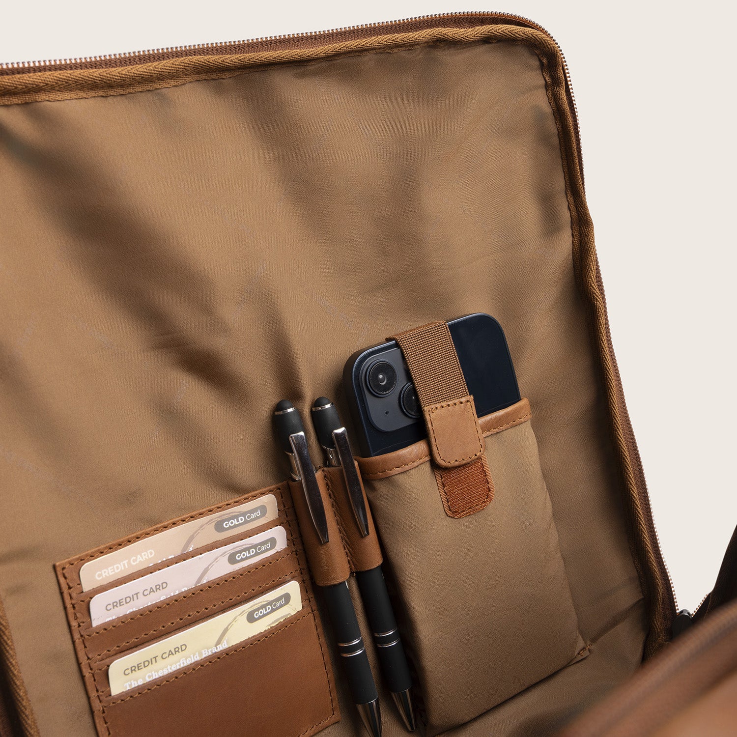 Leather Laptop Backpack Cognac Rich, inside view, organiser compartment with card slots