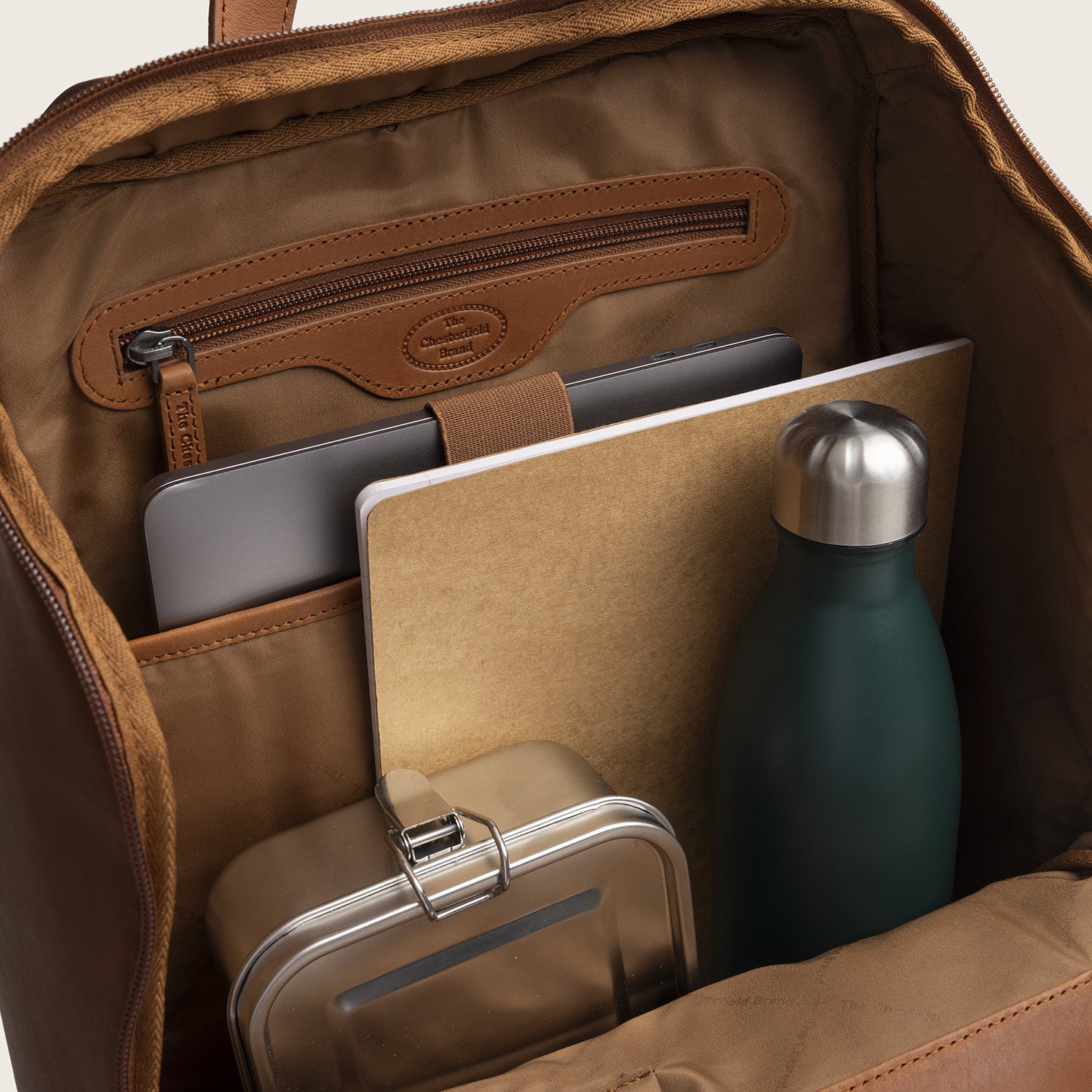 Leather Laptop Backpack Cognac Rich, main compartment open
