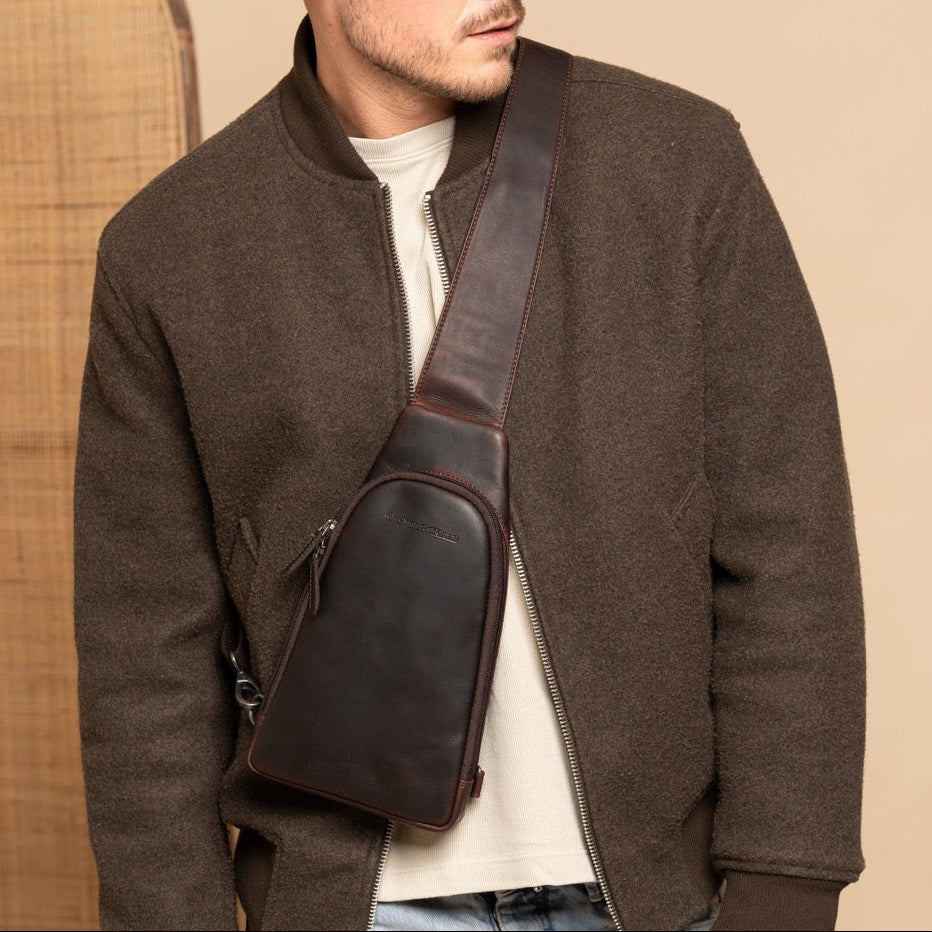 Brown leather sling bag