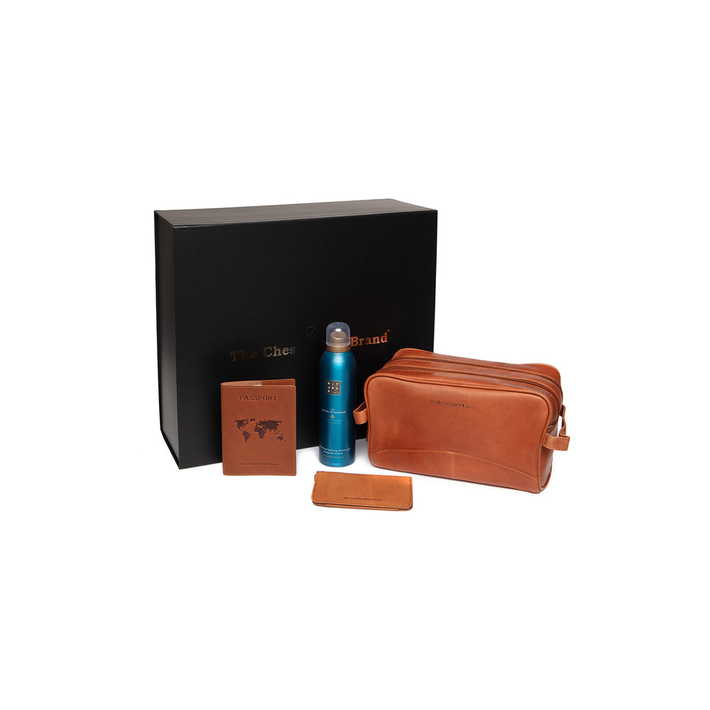 Geschenkset Leder Kulturtasche Cognac Stacey mit Rituals Duschschaum