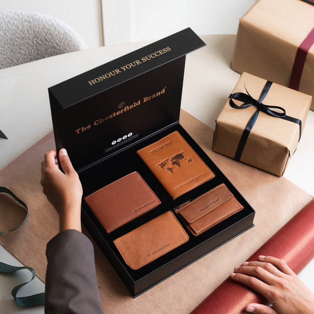 Geschenkset Leder Geldbörse Cognac Timo
