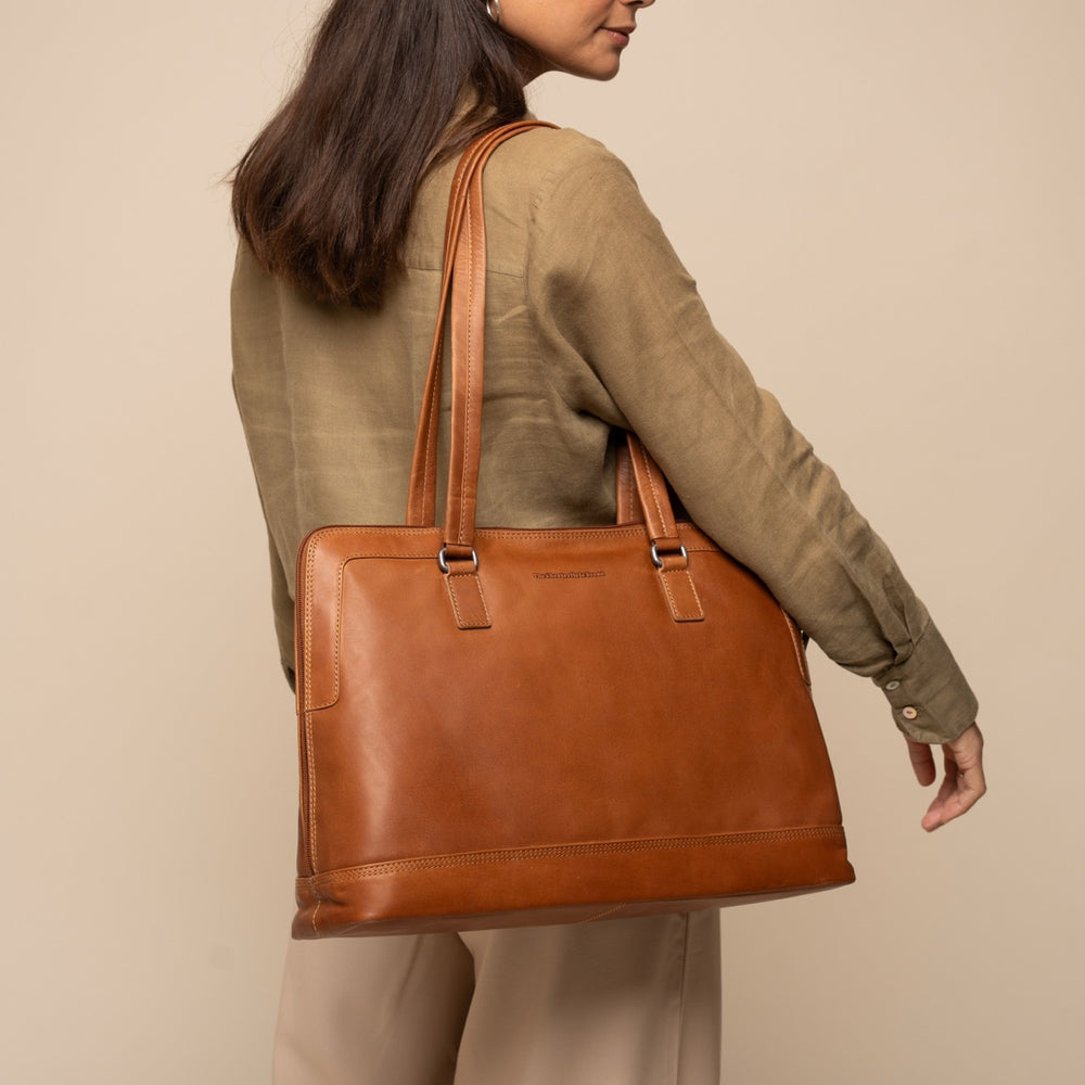 Sac Porté Épaule Ordinateur en Cuir Cognac Isara
