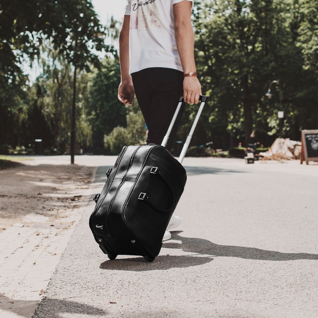 Leder Trolley Reisetasche Schwarz Jayven