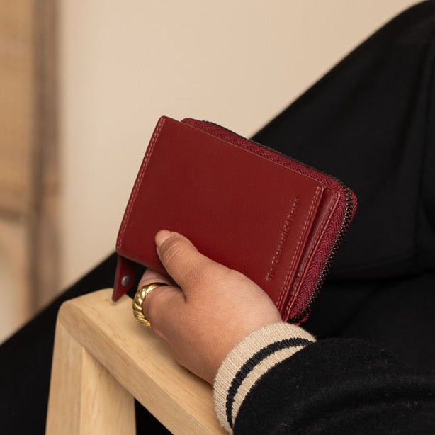 Person holding a red wallet with a blurred background