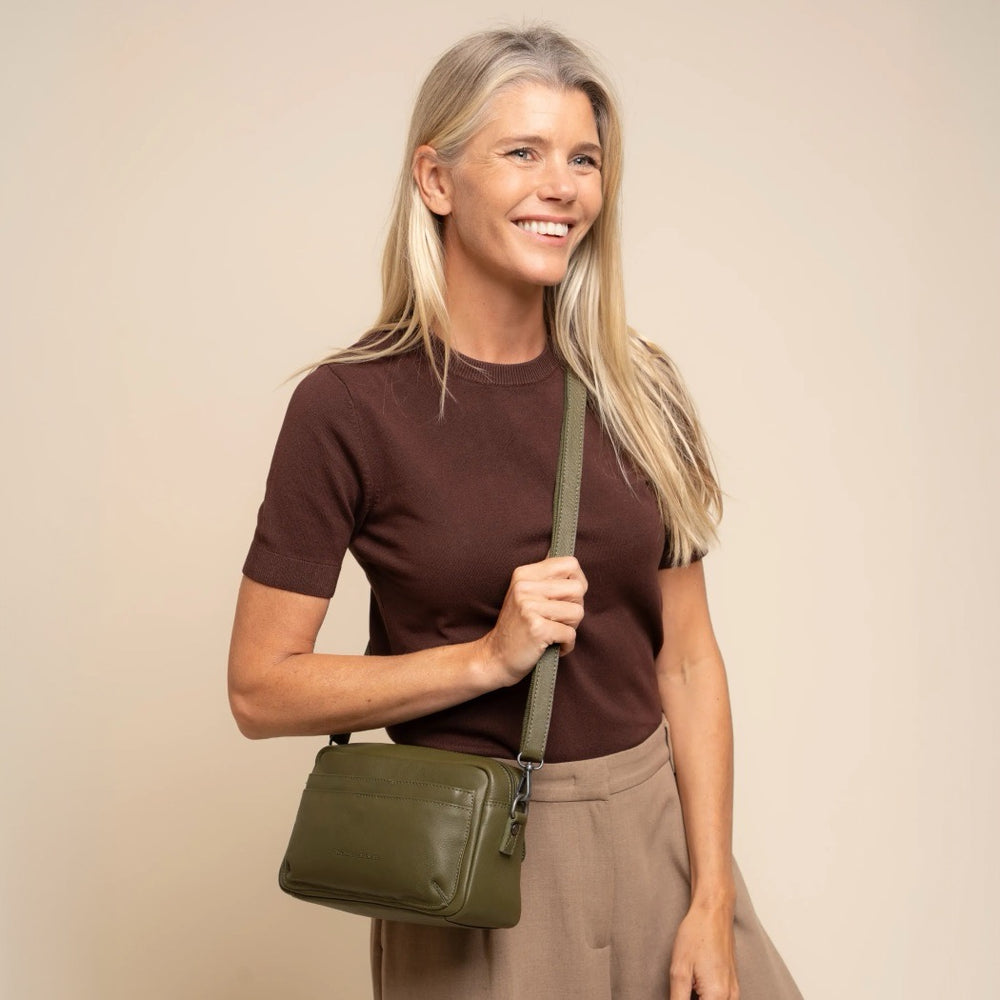 Sac Porté Épaule en Cuir Vert Olive Liora