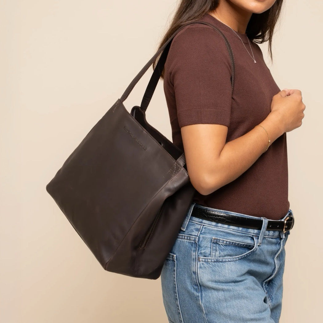 Sac Porté Épaule en Cuir Marron Lioren
