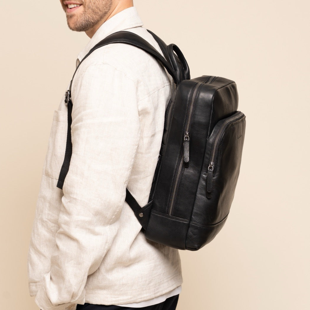 Leder Laptoprucksack Schwarz Marvello