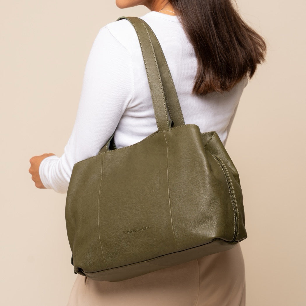 Sac Porté Épaule en Cuir Vert Olive Nerissa