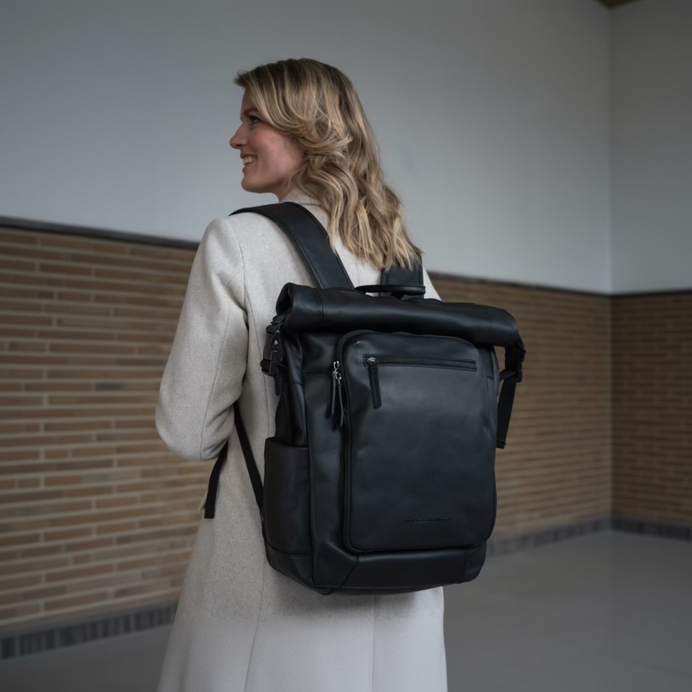 Leather Roll-top Backpack Black Remo
