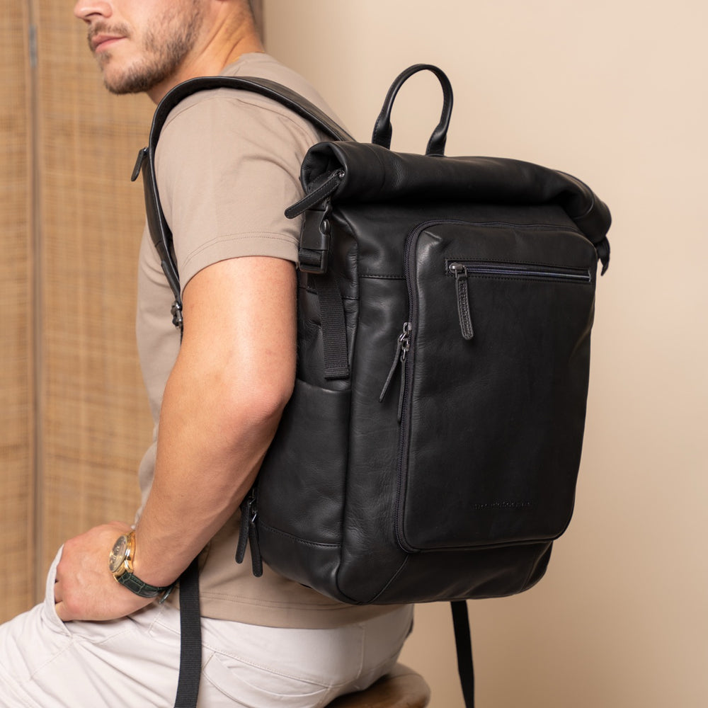 Leather Roll-top Backpack Black Remo
