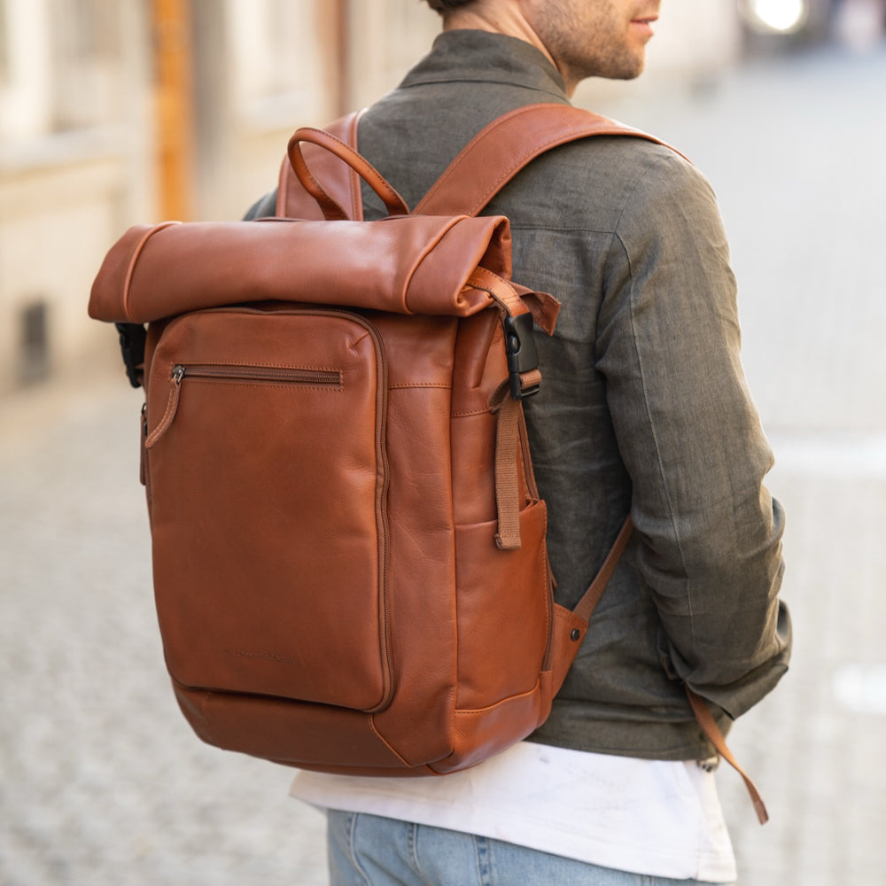 Sac à Dos Roll-top en Cuir Cognac Remo