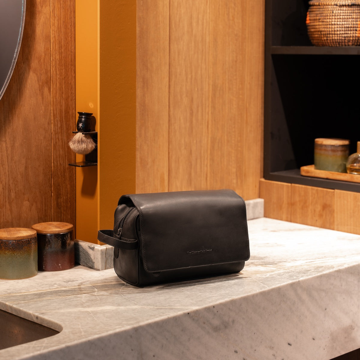 Leder Kulturtasche Schwarz Rosario