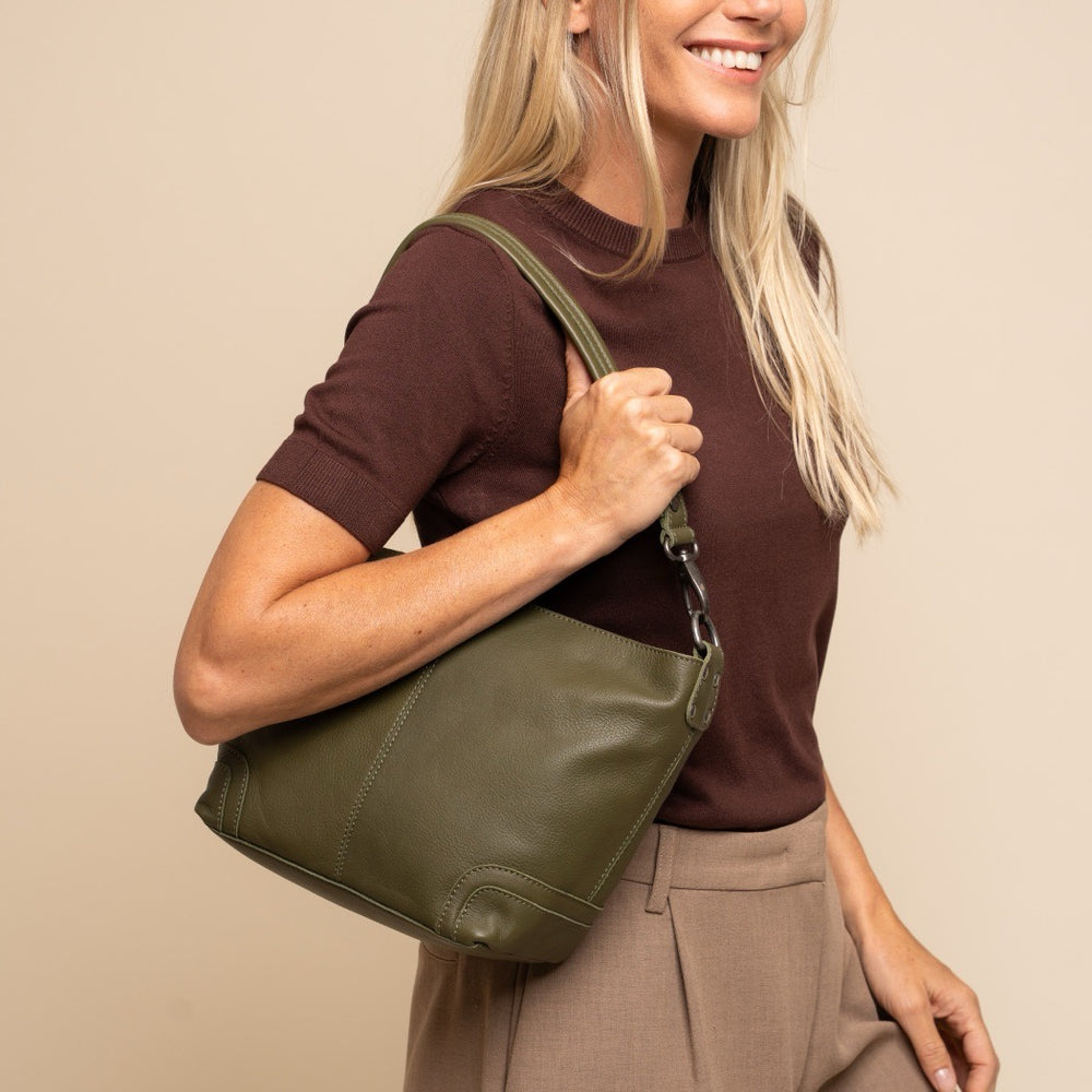 Sac Porté Épaule en Cuir Vert Olive Zarita